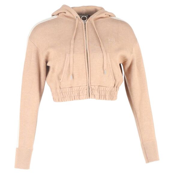 Sandro Zip-Up Hooded Cropped Sweater in Beige Cotton
